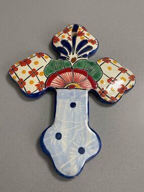 Mexican Talavera Hand Painted Folk Art Ceramic Wall Cross 8” x 6.5”